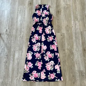 Womens Three Pink Hearts Blue with Pink Floral Print Maxi Dress - M thumbnail 5