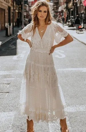 Boutique NEW White Lace V-neck Semi-Sheer Short Sleeve Maxi Dress thumbnail 2