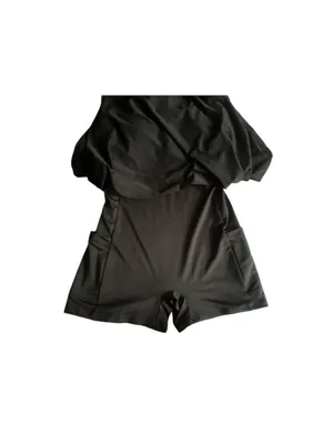 Black athletic dress with built-in shorts with side pockets and a sports bra. thumbnail 3