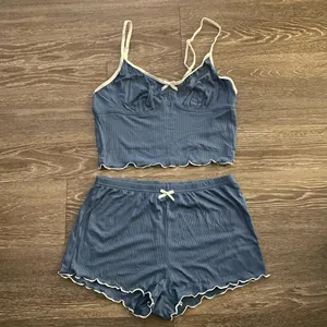 New Boutique Women's blue Bow Knot Ruffle Trim Sleepwear Set. Size Medium thumbnail 2
