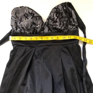 90s/2000s Y2K Vintage halter sequin lace mesh formal mini fit flare v-neck corset waist dress #gothic #whimsygoth #sleeveless #strapless #prom Made in USA thumbnail 4
