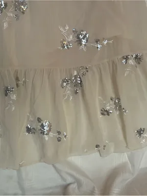 Cream Midi Dress with Silver Sequin Floral Embellishments, Ruffled Hem, Medium. thumbnail 5