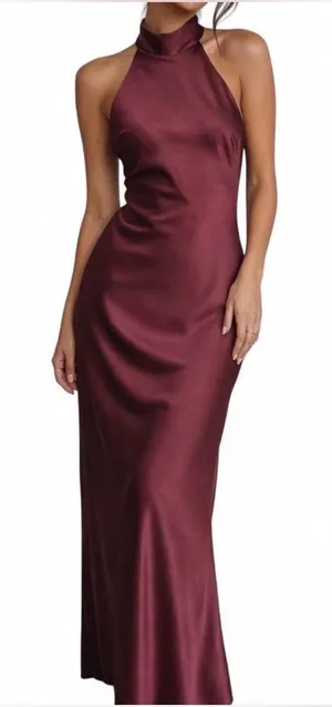 WAYF Halter Maxi Dress Womens L Merlot Satin Bow Back Wedding Guest Formal Gown thumbnail 1