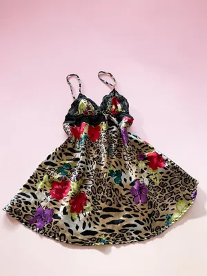 Sofia Intimates Leopard and Floral Satin Lace Trim‎ Chemise Slip Dress thumbnail 2