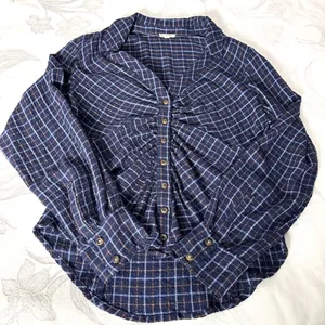 Pilcro Anthropologie Womens-S Blouse Blue Plaid‎ Ruched Button Front Flannel thumbnail 6
