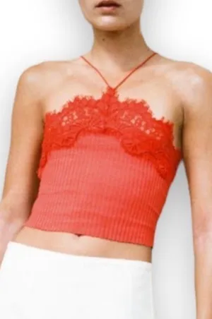 Red Intense Lace Ribbed Cropped Top thumbnail 1