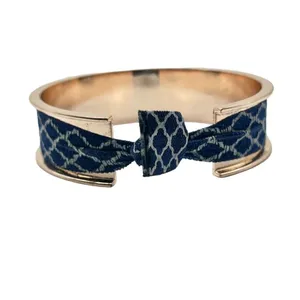 Gold Tone Ribbon Tie Cuff Bracelet Blue White Lattice‎ Pattern Preppy Nautical thumbnail 3