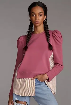 Anthropologie Maeve Layered Tunic Sweatshirt in Pink Combo Medium thumbnail 1