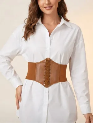 Corset Style Wide Girdle Fashion Elastic Faux Leather Skinny Elastic Waist‎ Belt thumbnail 1