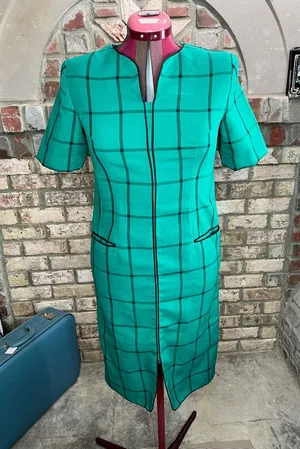 sheath dress windowpane green black vintage 1980s thumbnail 1