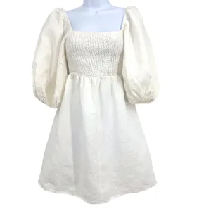 Tuckernuck Annie Mini Dress Womens XS Ivory‎ Linen Smocked Puff Sleeve Romantic thumbnail 2