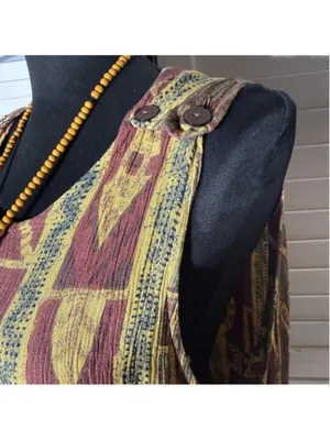 Vintage 90s boho maxi dress brown green ethnic art Western hippie Southern 12 L thumbnail 6