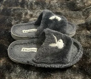 Playboy Bunny Shaggy Slippers Black Faux Shoes S 6.5 - 7.5 thumbnail 1