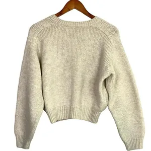 ZARA Cropped Ribbed Hems Long Sleeve Crew Neck Chunky Knit Sweater Small Cream thumbnail 5