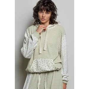 POL Mixed Knit Contrast Print Sleeve Hoodie with Kangaroo Pocket - Sage - Medium thumbnail 4