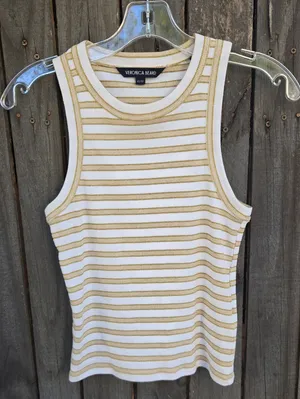 Veronica Beard Cream & Tan Striped Ribbed Sleeveless Tank thumbnail 1