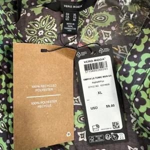 VERO MODA Tunic Dress XL Green Floral Print Button Neck Bell Sleeves Tiered NWT thumbnail 4