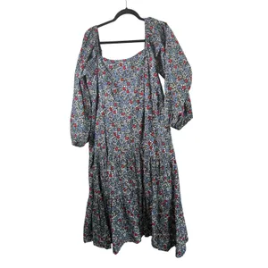 Summersalt Floral Smocked Puff Sleeve Cotton‎ Midi Dress Blue Red 2XL Plus Size thumbnail 2