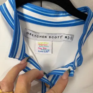 Gretchen Scott‎ Mandarin Top Women M White Blue Striped Trim 3/4 Sleeve Stretch thumbnail 2