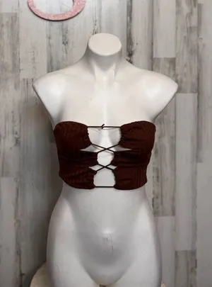 Brown Ribbed Knit Lace-Up Bandeau Crop Top Women’s XS thumbnail 1