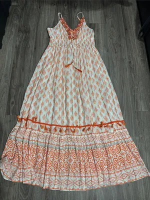 Me 2 Magic Boho Maxi Dress Orange White Embroidered V-Neck Fringe. thumbnail 12