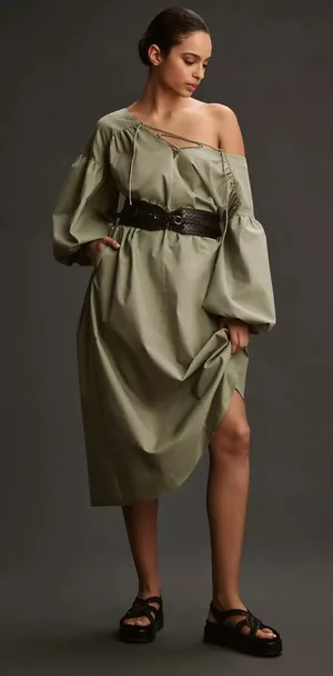 NWT Mare Mare Bubble-Sleeve Lace-Up Midi Dress L thumbnail 1