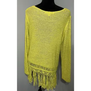 Lime Green Sweater Fringe Hem Bright Size Large~Boho Festival Arts Boston Proper thumbnail 2