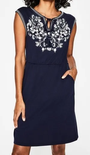 Boden Catriona Navy Blue Embroidered Floral Jersey Dress Sleeveless‎ Tassel 4R thumbnail 1