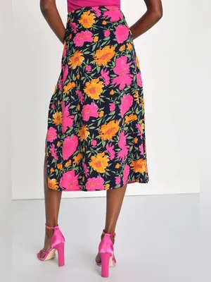 Lulus Playful Elegance Navy and Pink Floral Print High-Rise Midi Skirt Medium thumbnail 2