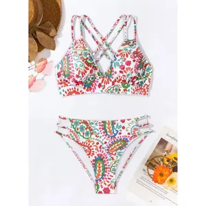Boutique Colorful Floral Push Up V Neck Bikini Crisscross Back Two-Piece Swimsuit LARGE thumbnail 3