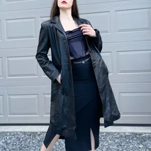 Vintage 90s Toppolino Black Soft Leather Long Duster Trench Coat Jacket M thumbnail 6