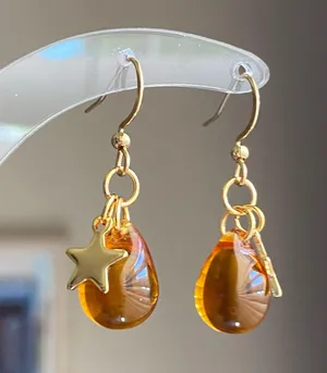 Handmade amber Czech glass teardrop & gold stainless star cute dangle earrings 🤎🌟 thumbnail 4