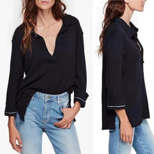 Free People Annie Long Sleeve Black Ribbed V-Neck Henley Top‎ Womens Large thumbnail 2