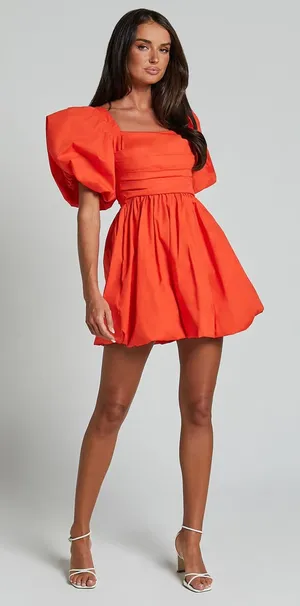 Showpo Tamara Puff Sleeve Mini Dress - NWOT Ruched Cotton Orange Dress US 8 thumbnail 1