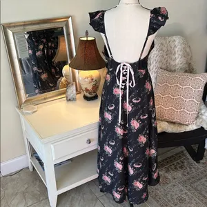 Love shack fancy cosmo rare black floral ruffle silk high low midi dress M L​​ thumbnail 7