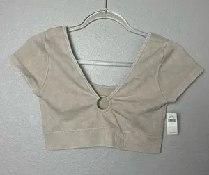 Bnwt! Aerie Ribbed Ring-Front Crop Top or Bralette in Light Beige Size L thumbnail 1