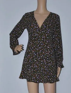 Zara Floral Print Long Sleeve Mini Dress Black Small thumbnail 1