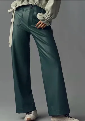 Maeve The Colette Full Length Faux Leather Wide Leg Pants Dark Green size 27 thumbnail 1