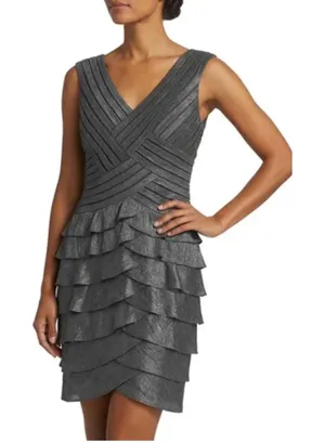Adrianna Papell Womens Metallic Tiered Ruffle Cocktail‎ Dress Charcoal Grey 8 thumbnail 1