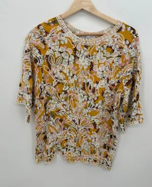 Solitaire by Ravi Khosla Womens XL Mustard Yellow Floral Embroidered Eyelet Top thumbnail 1