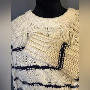 J. Jill Cream & Navy Striped Crew Pullover Preppy Cable Knit Raglan Sweater XS thumbnail 4