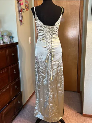Light green satin spaghetti strap formal dress lace up back and side slits 0 thumbnail 3