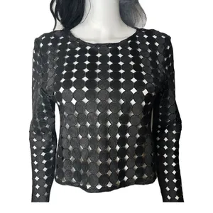 ALEXIS Black Geometric Circle Cut Out Crop Top Size L Avant Garde See Through thumbnail 8