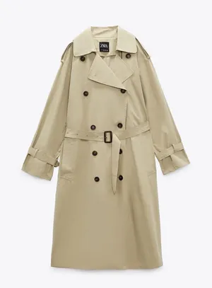 Zara coat jacket overcoat trench duster long double breasted beige tan casual thumbnail 7