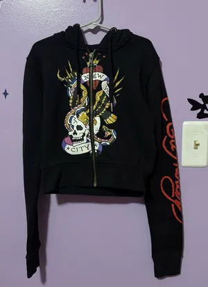 Ed Hardy cropped Black Hoodie with Skull and Wings Design thumbnail 1