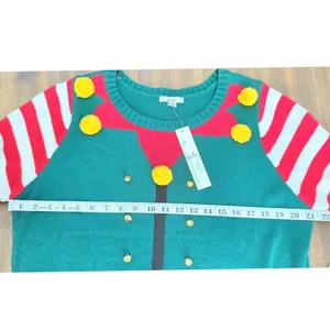 Isela Elf Ugly Christmas Sweater XL NWT 3D Bells Pom Poms Striped Holiday Tunic thumbnail 9