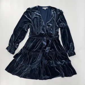 Baltic Born Navy Blue Velvet Faux Wrap Tiered Mini Dress Long Sleeve Size M thumbnail 5