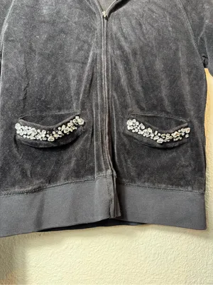 Juicy Couture Y2k black‎ Velour Zip Hoodie Rhinestone Pocket Trim Size S thumbnail 3