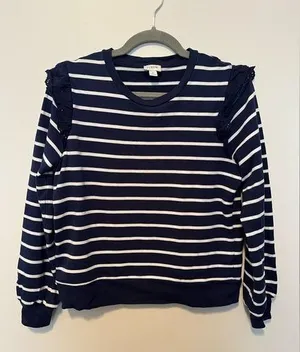 J Crew Navy and White Striped Long Sleeve Tee with Ruffle thumbnail 1