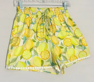 Avec‎ Les Filles Lemon Print Shorts XS Yellow Cotton Lace Trim Summer Drawstring thumbnail 1